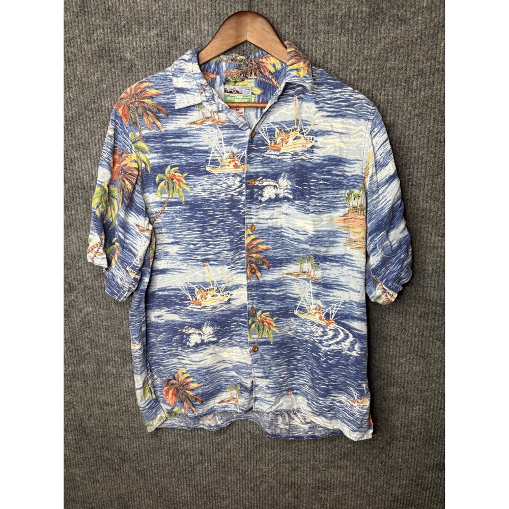 Vintage 90s Reyn Spooner Hawaiian Shirt Mens Medium 100% Rayon FishingBoat Ocean